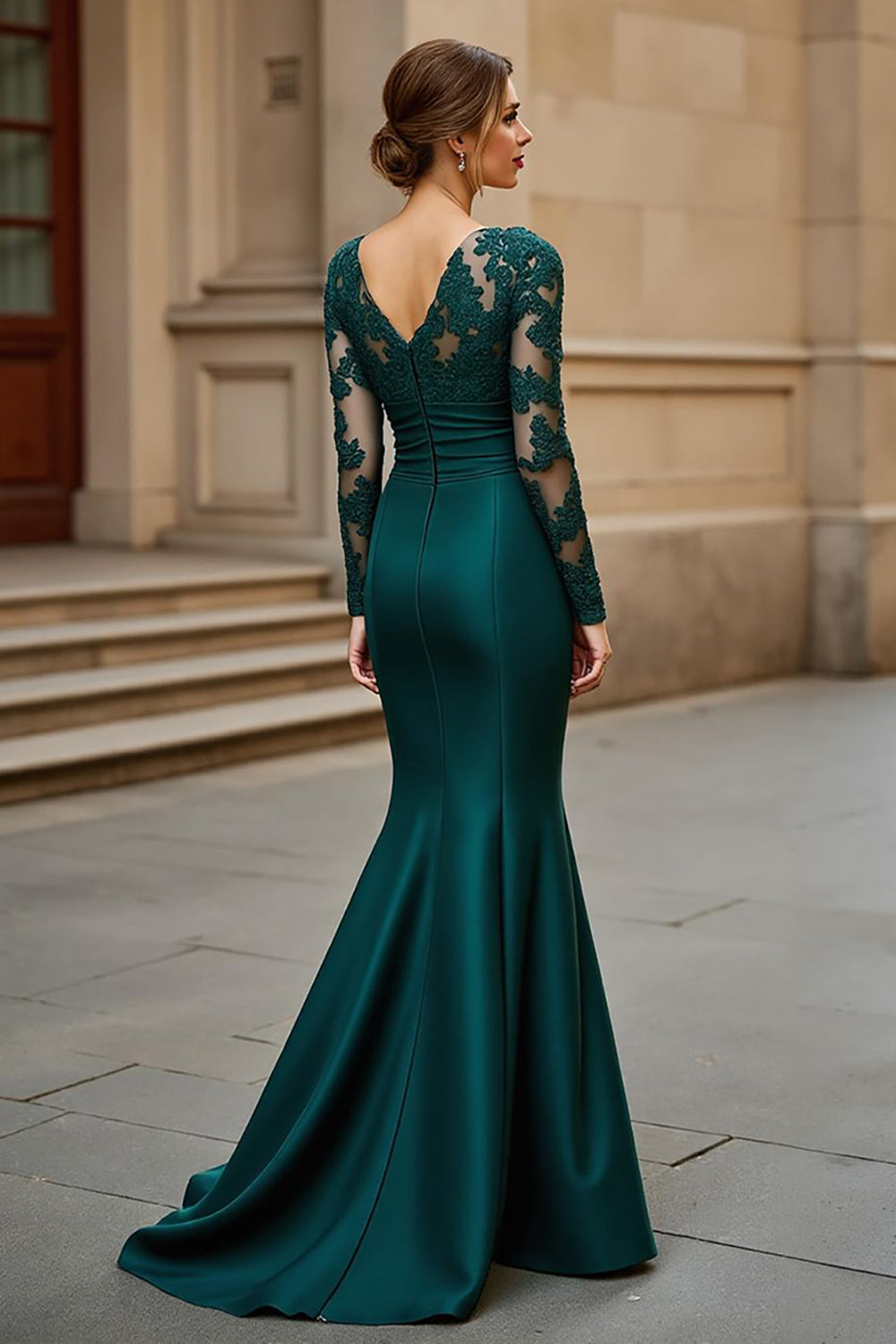 Mermaid Sweep Train Stretch Satin Pine Mother of the Bride Dress with Lace Appliques