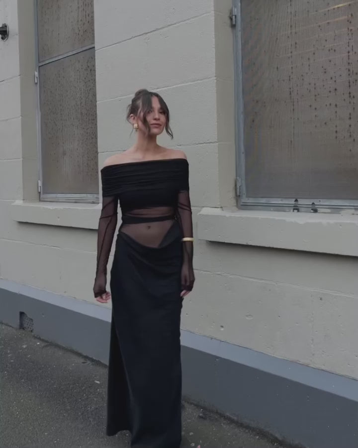Obsidian Veil Off Shoulder Mesh Drape Dress