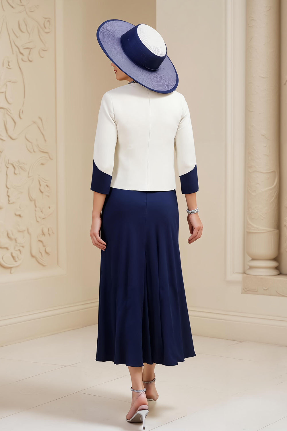A-Line Navy Bateau Neck 3-Piece Mother of the Bride Dress with Lace