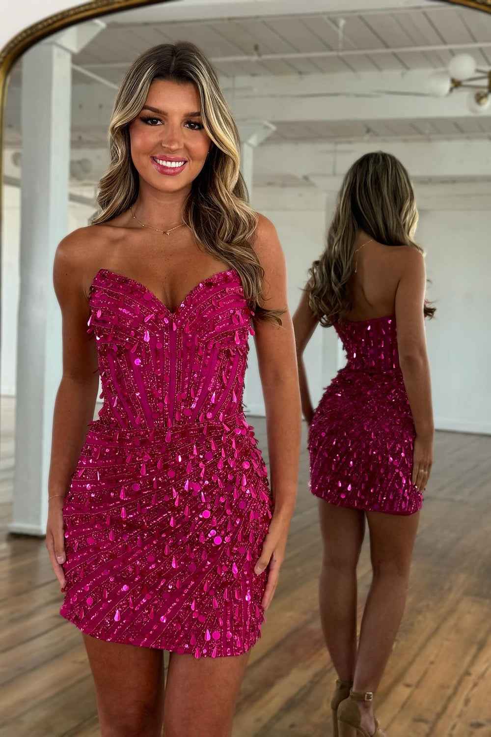 Sparkly Gold Fully Beaded Prom Dress with Deep V Neck Slit and Open Back (ZD17393)