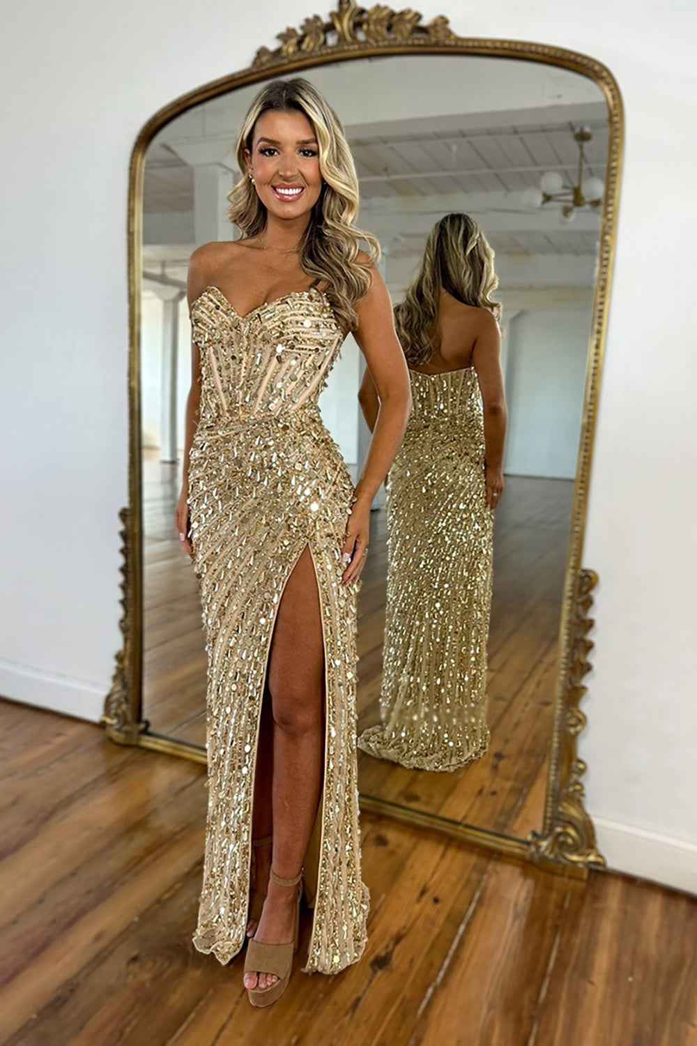 Sparkly Gold Mermaid Sequins Sweetheart Long Corset Prom Dress with Slit (ZD17394)