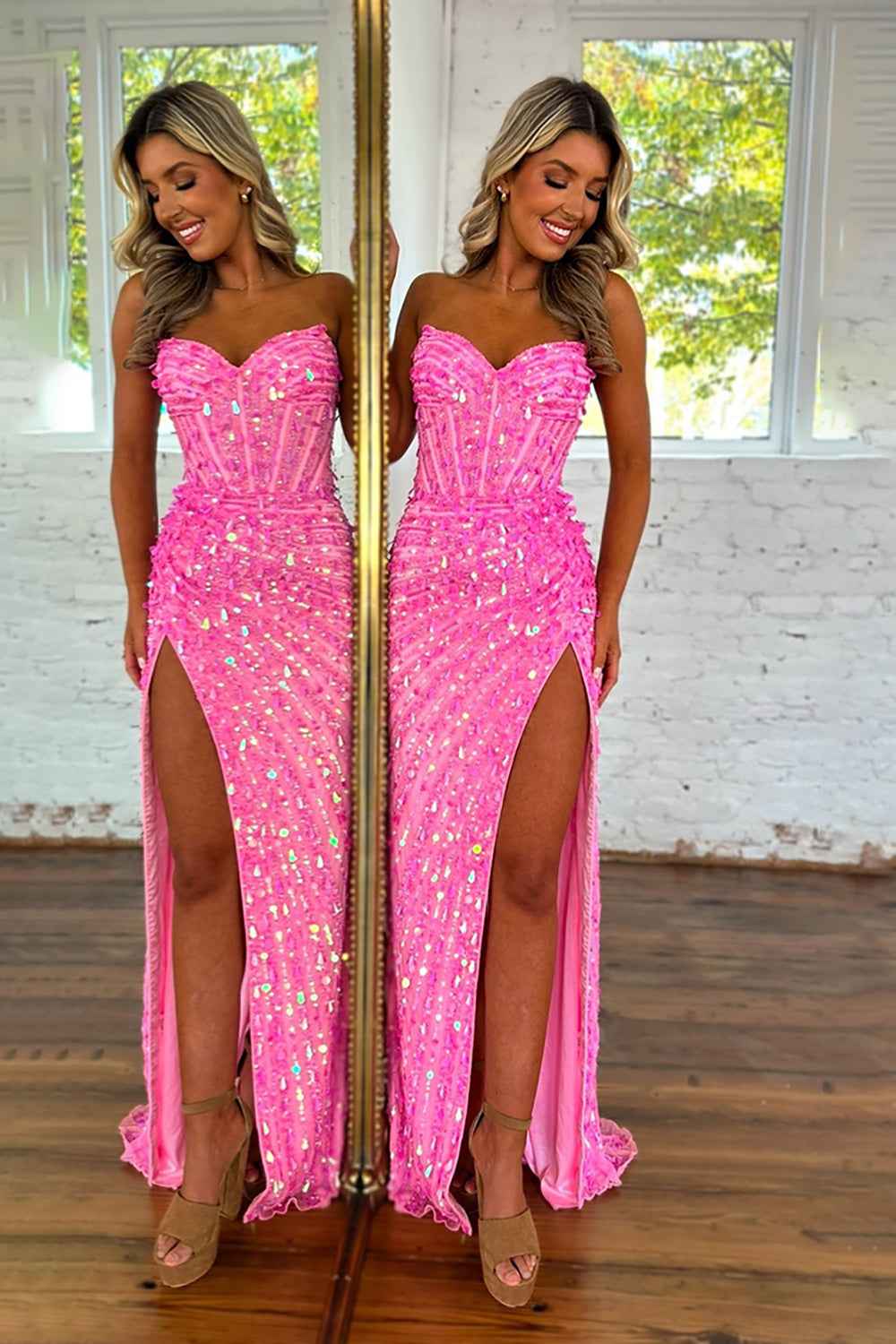 Sparkly Gold Mermaid Sequins Sweetheart Long Corset Prom Dress with Slit (ZD17394)