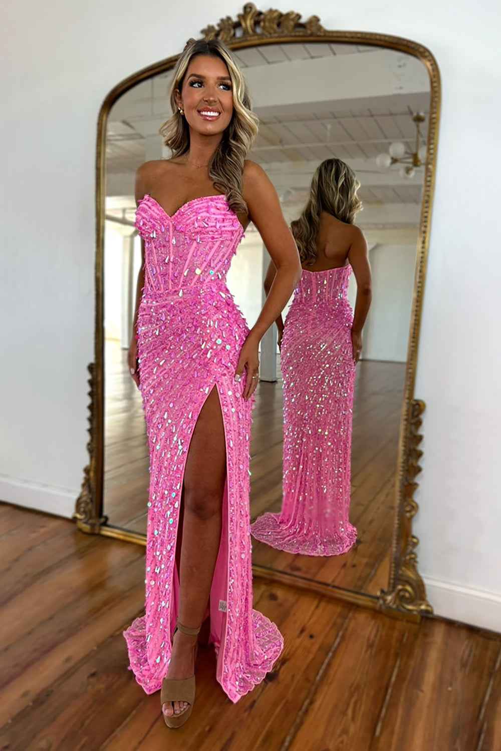 Sparkly Gold Mermaid Sequins Sweetheart Long Corset Prom Dress with Slit (ZD17394)