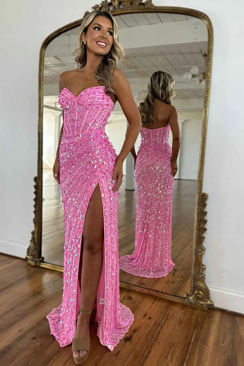 Sparkly Gold Fully Beaded Prom Dress with Deep V Neck Slit and Open Back (ZD17393)