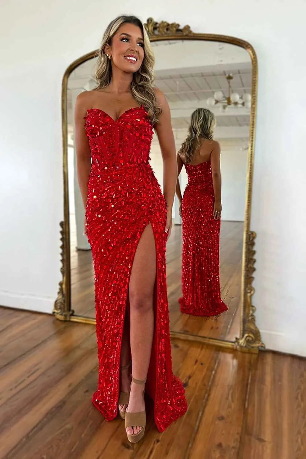 Sparkly Gold Fully Beaded Prom Dress with Deep V Neck Slit and Open Back (ZD17393)