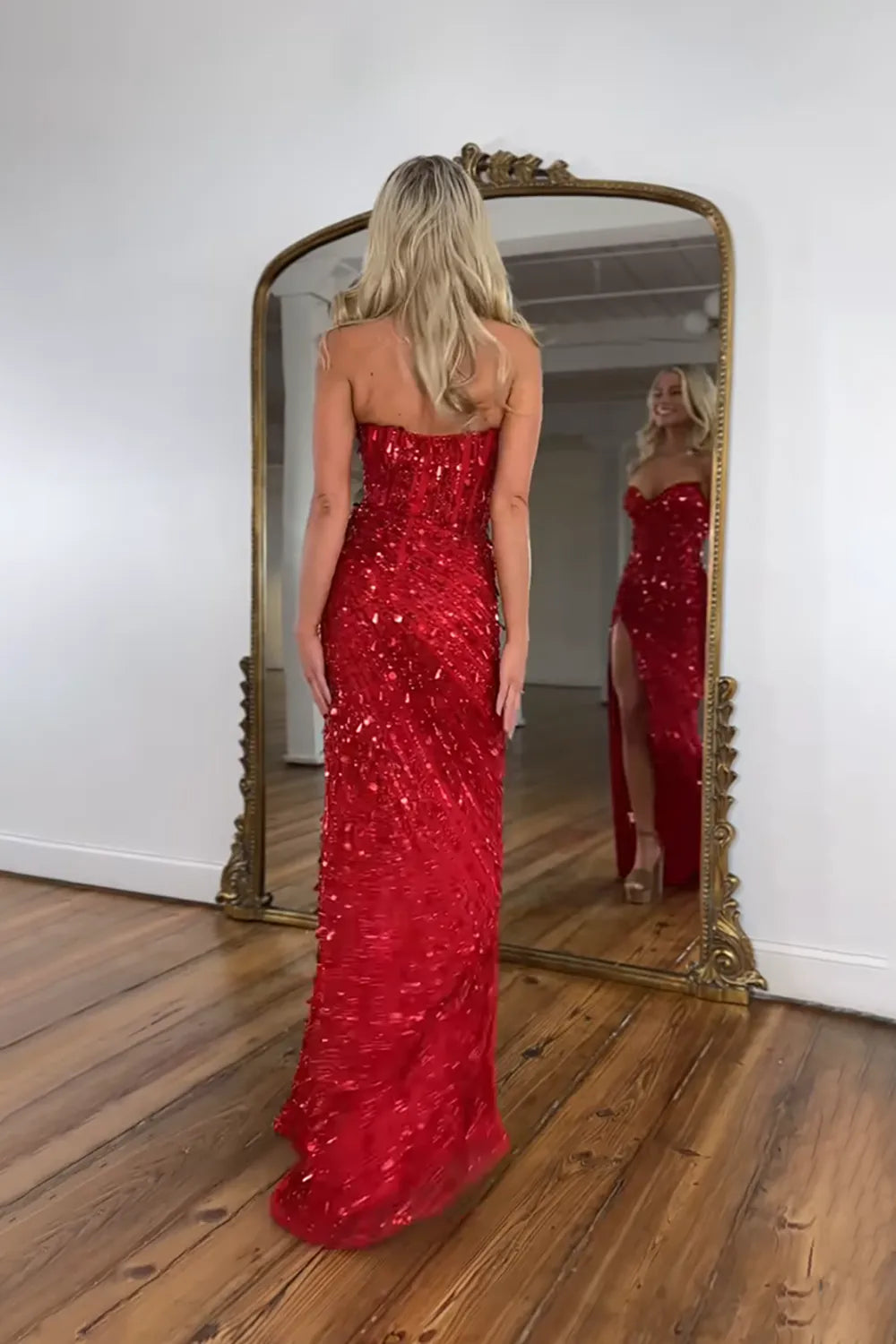 Sparkly Gold Fully Beaded Prom Dress with Deep V Neck Slit and Open Back (ZD17393)