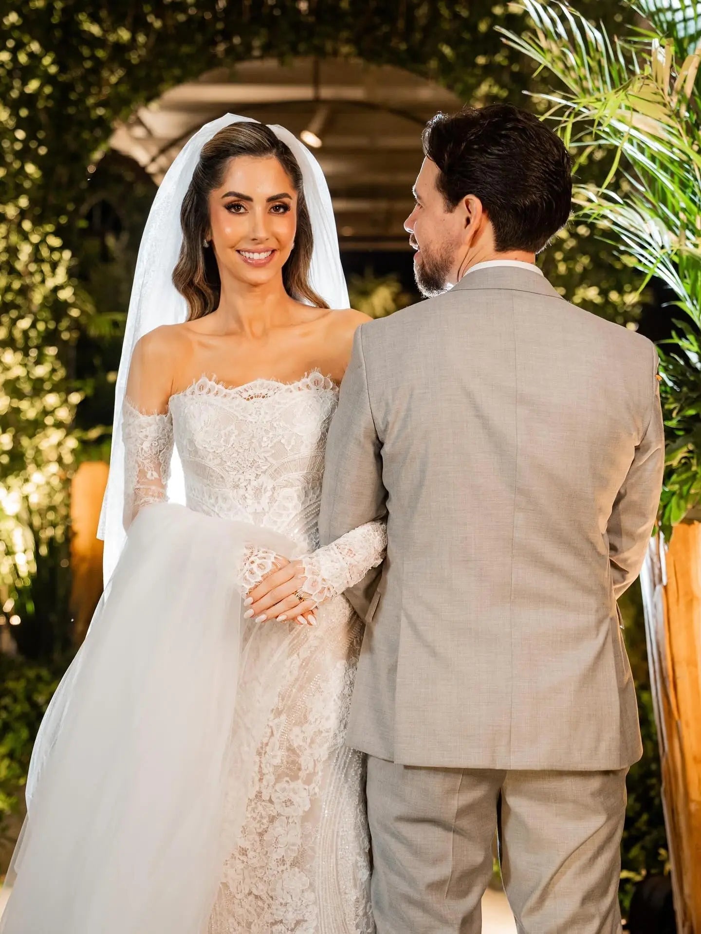 White Beaded Lace Bridal Gown with Off Shoulder Long Sleeves ZP203