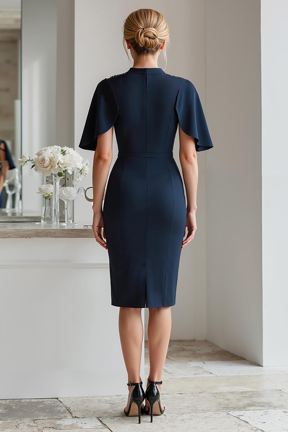 Sparkly Navy Bodycon Beaded Midi Mother of the Bride Dress with Sleeves