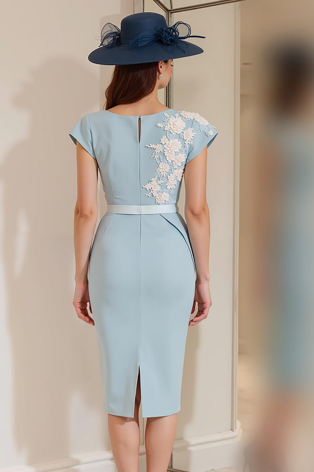 Light Blue Floral Boat Neck Bodycon Midi Mother of the Bride Dress with Slit