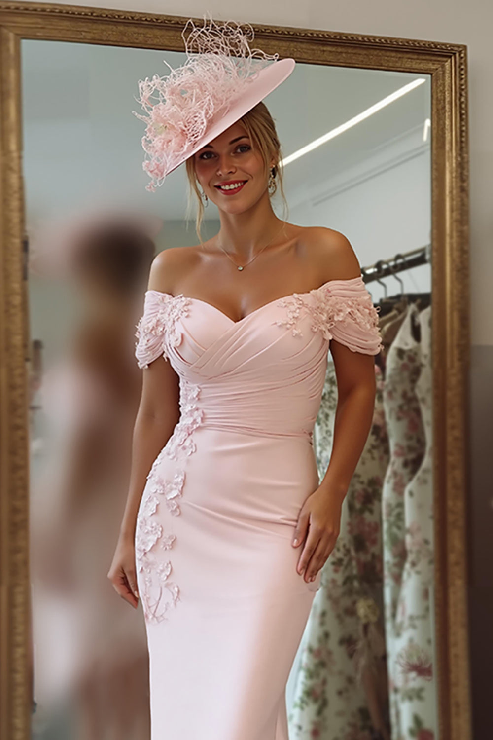 Blush Pink Floral Bodycon Off the Shoulder Midi Mother of the Bride Dress