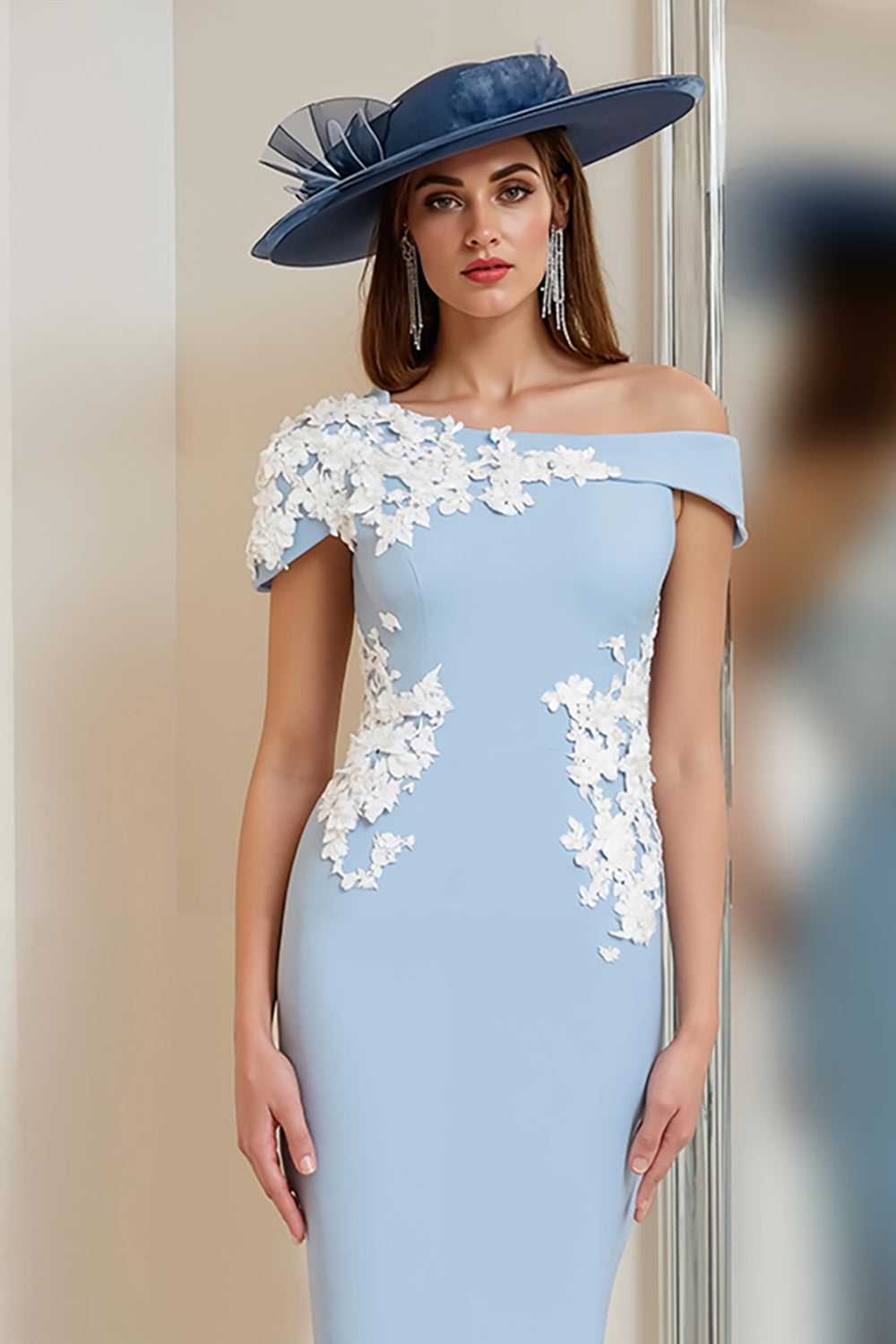 Light Blue Bodycon One Shoulder Floral Midi Mother of the Bride Dress with Slit