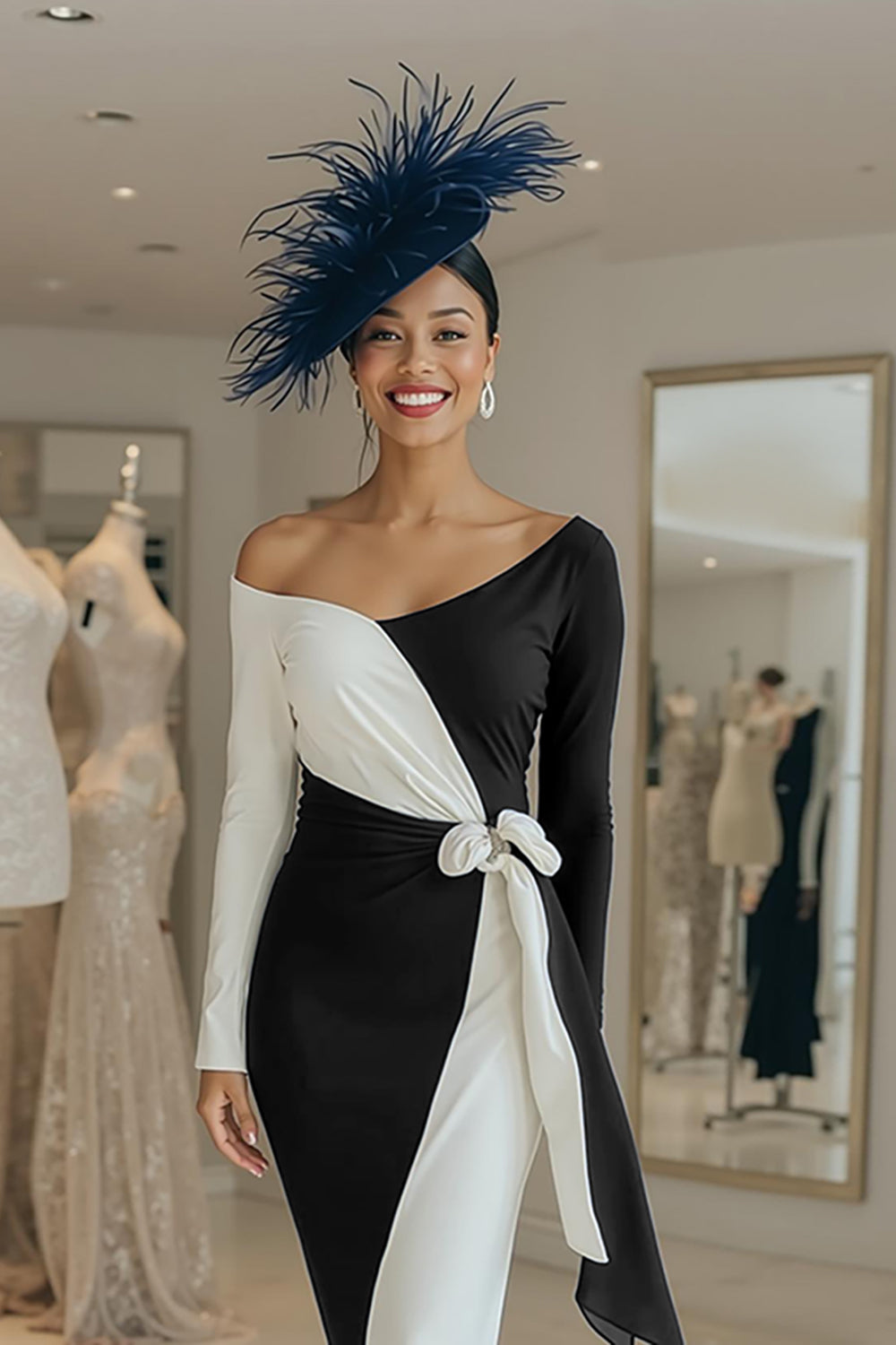 Black and White One Shoulder Midi Mother of the Bride Dress with Sash