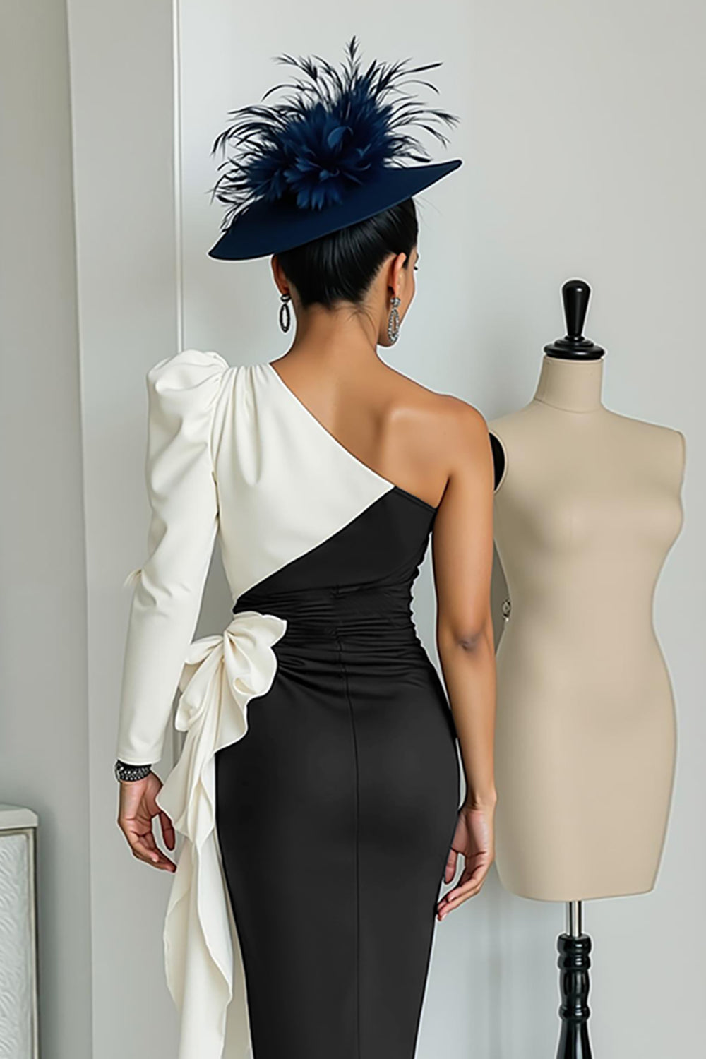 Black and White One Shoulder Midi Mother of the Bride Dress with Sleeves