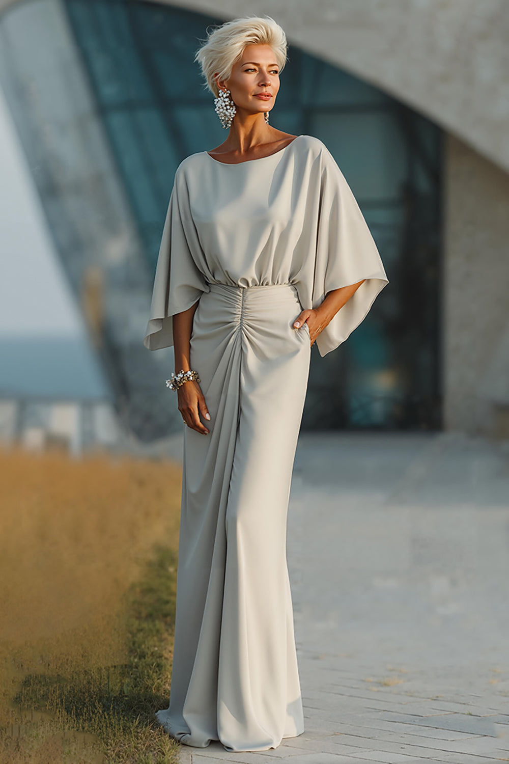 Minimalist Beige Satin Evening Dress | Floor-Length Party Gown