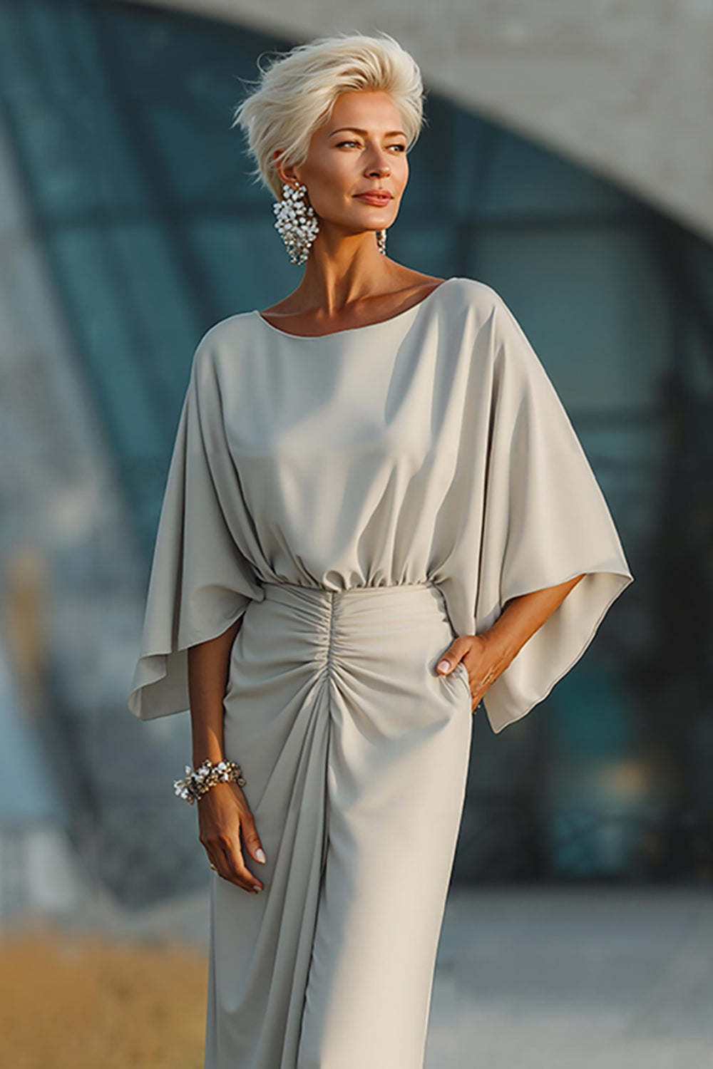 Minimalist Beige Satin Evening Dress | Floor-Length Party Gown