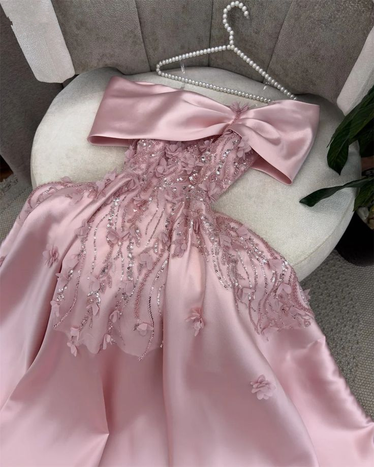 Gorgeous Off The Shoulder Apliques Beaded Evening Dress Pink Party Dress Ball Gown - View 2 | VelvetHem