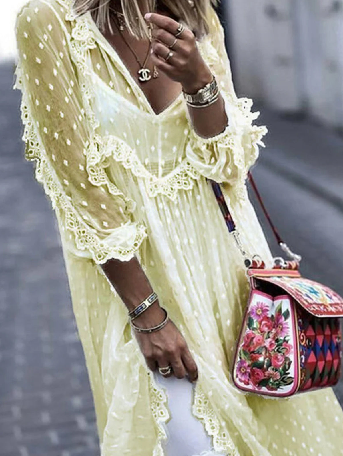White Jacquard Polka Dot See-through Maxi Dress Long Sleeve - Omychic