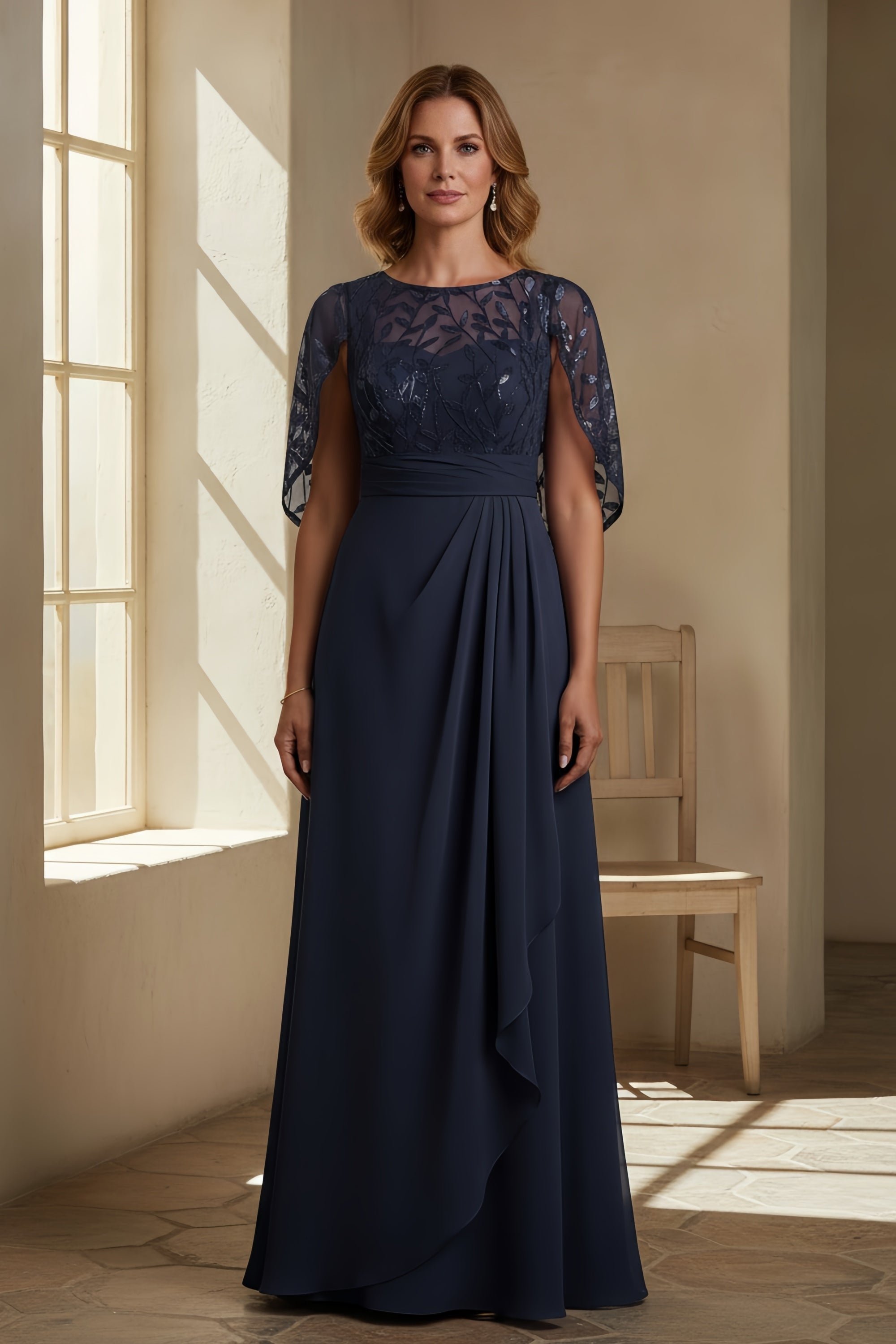 Elegant Embroidered Capelet Overlay Evening Gown with Ruched Waist