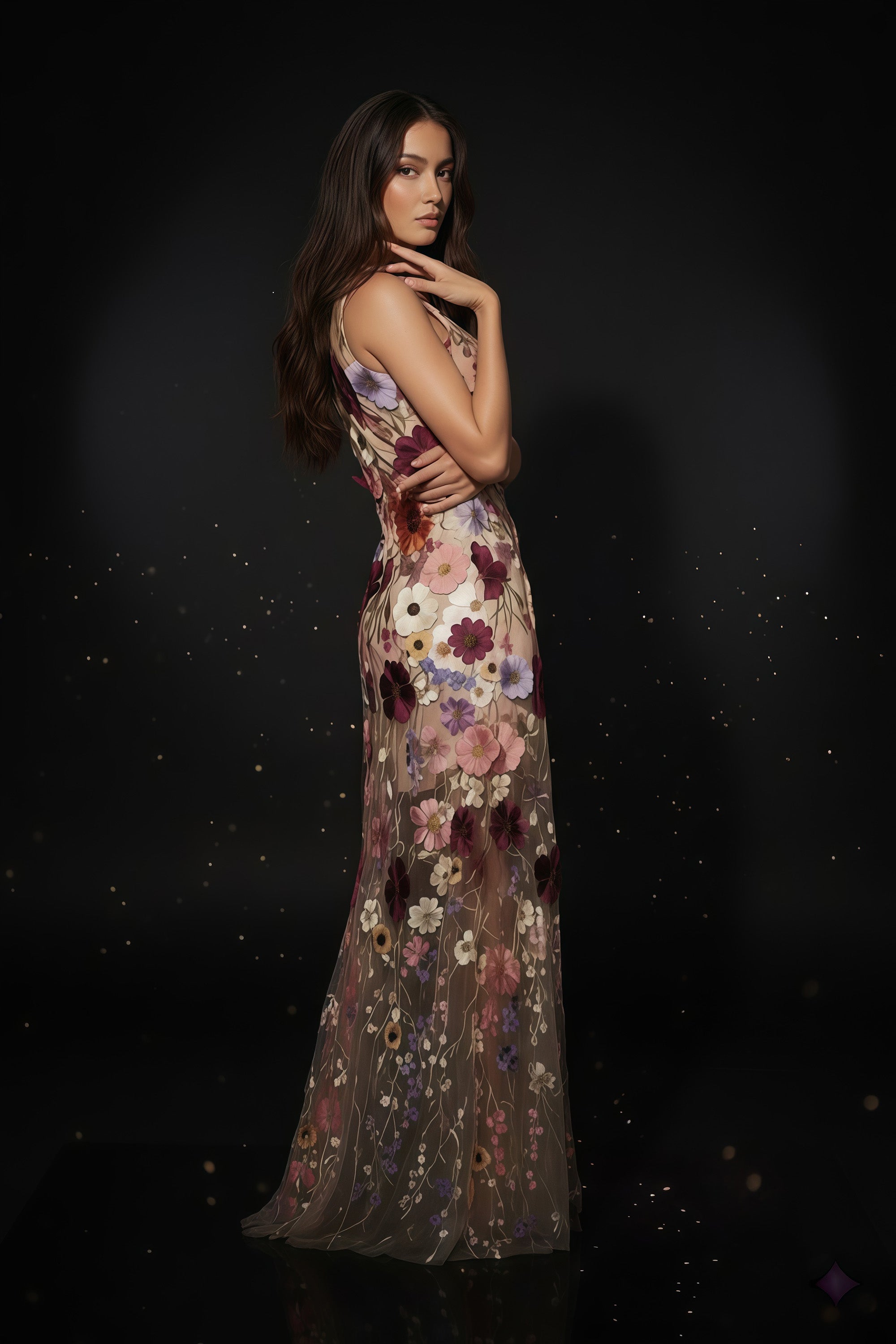 Round Neck Maxi Dress with Illusion Mesh and Floral Appliques