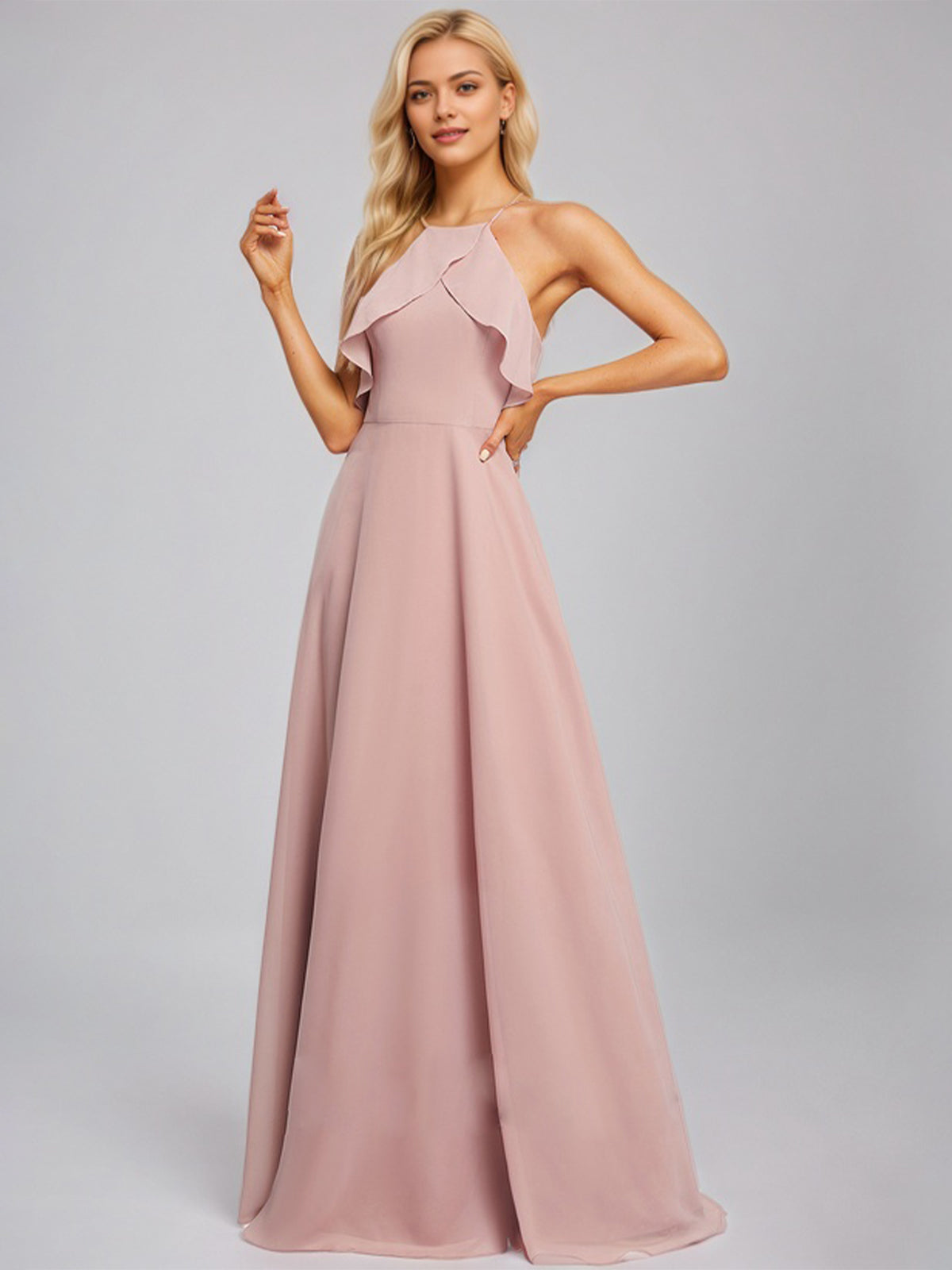Dusty Rose A-Line Halter Floor-Length Chiffon Bridesmaid Dress With Ruffle
