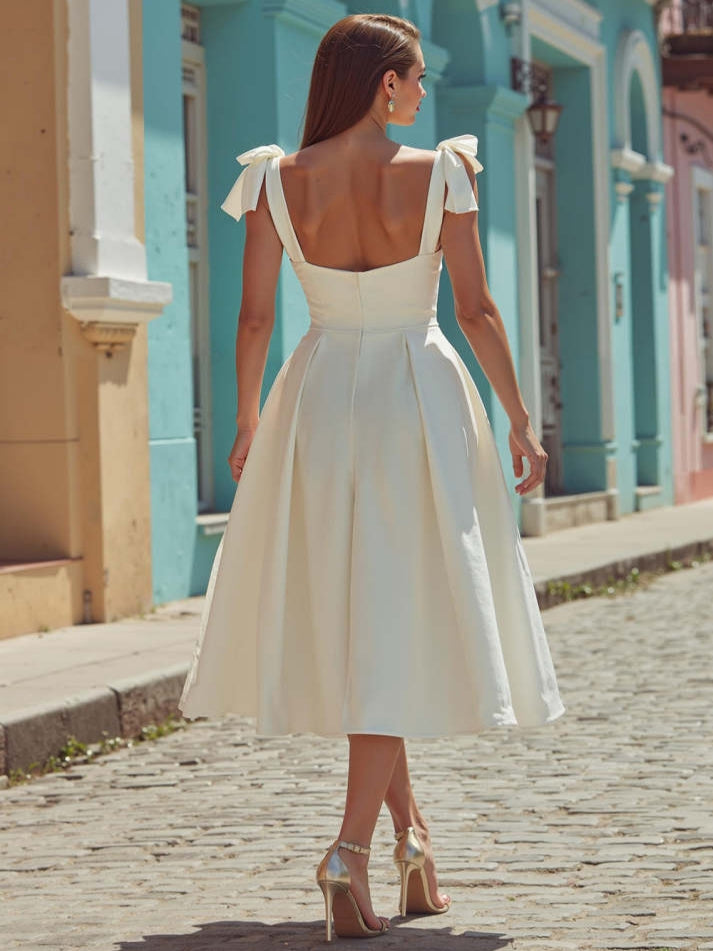 White Satin Backless Thick Straps Midi Engagement Dress with Bows
