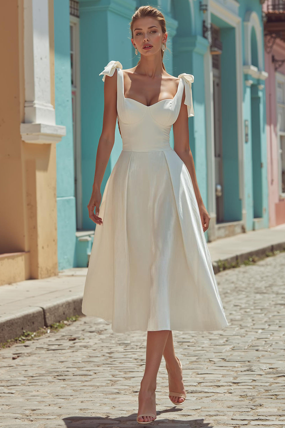 White A Line Satin Spaghetti Straps Wedding Dress