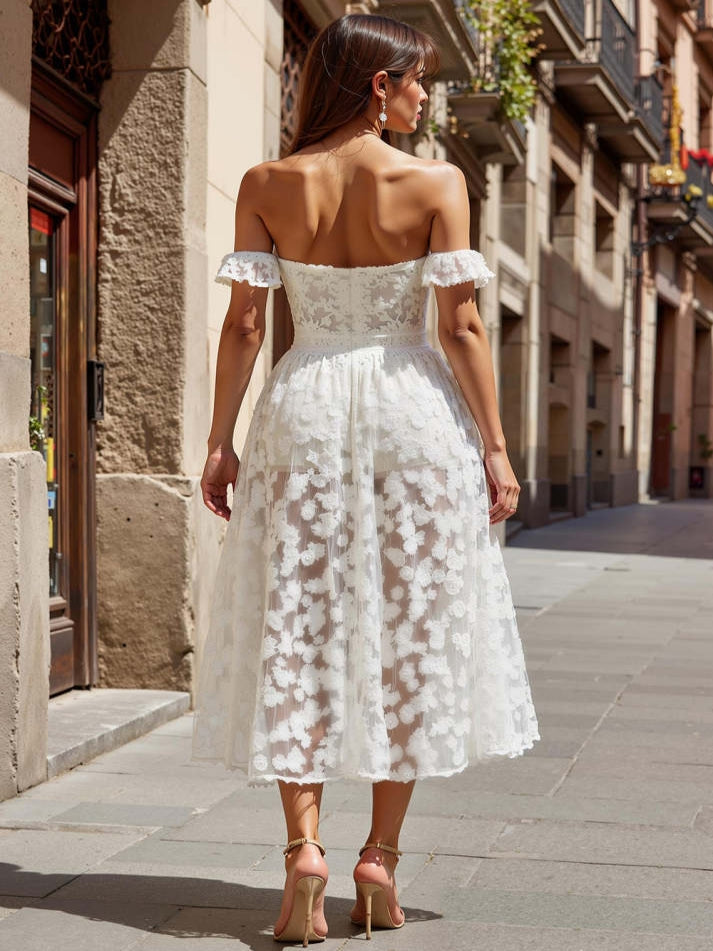 Ivory A Line Appliqued Floral Long Boho Wedding Dress