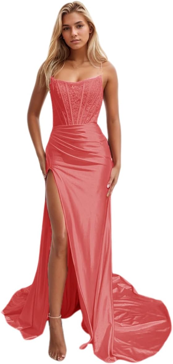 Women's Satin Lace Mermaid Prom Dresses Long with Slit 2025 Strapless Formal Evening Party Gown