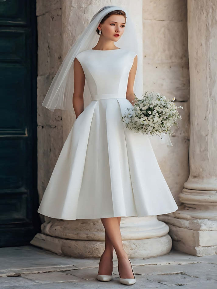 White A-Line Satin Bateau Neck Sleeveless Midi Wedding Dress