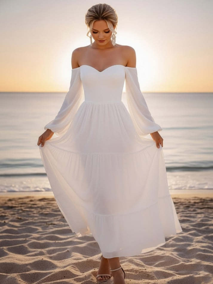 White Off the Shoulder Chiffon Long Beach Wedding Dress with Sleeves