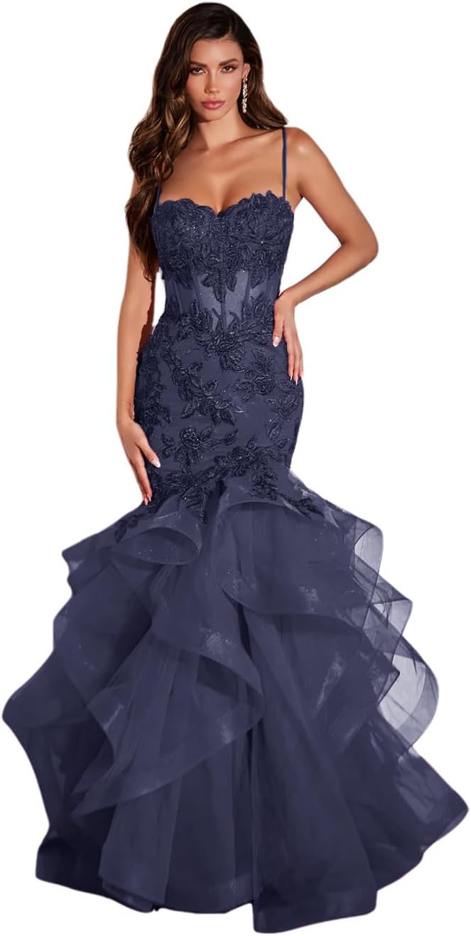 Women's Lace Applique Tulle Prom Dresses Long Mermaid Ruffles Sparkly Formal Evening Party Gown