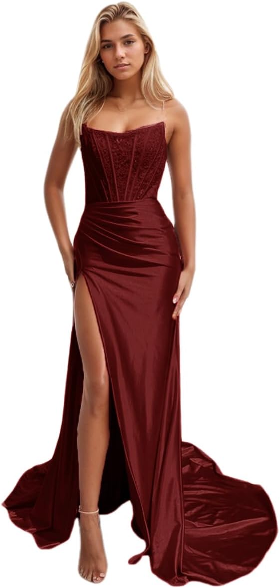 Women's Satin Lace Mermaid Prom Dresses Long with Slit 2025 Strapless Formal Evening Party Gown