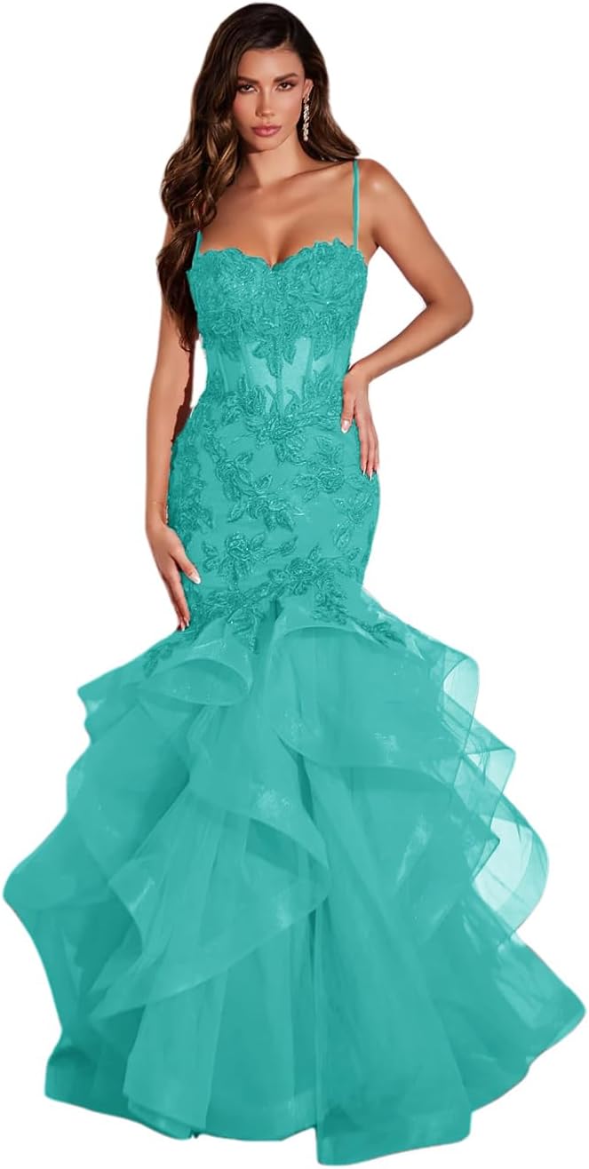 Women's Lace Applique Tulle Prom Dresses Long Mermaid Ruffles Sparkly Formal Evening Party Gown