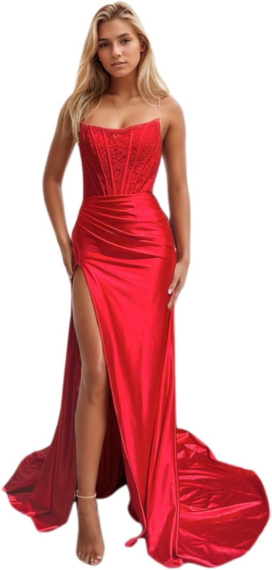 Women's Satin Lace Mermaid Prom Dresses Long with Slit 2025 Strapless Formal Evening Party Gown