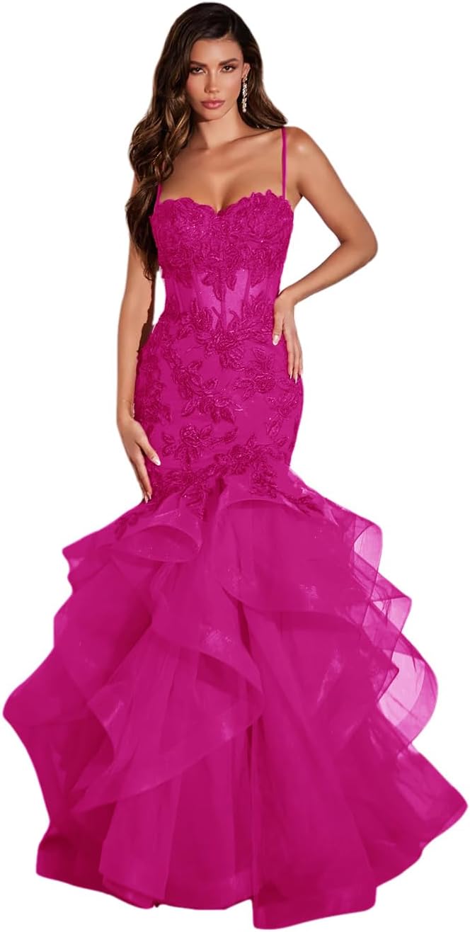Women's Lace Applique Tulle Prom Dresses Long Mermaid Ruffles Sparkly Formal Evening Party Gown