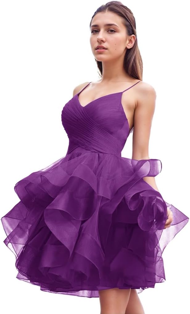Women's Puffy Ruffle Short Homecoming Dress Tull Tutu Prom Dress V Neck Formal Party Gown