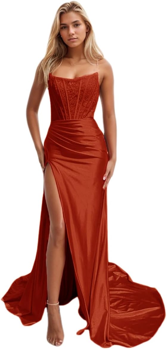 Women's Satin Lace Mermaid Prom Dresses Long with Slit 2025 Strapless Formal Evening Party Gown