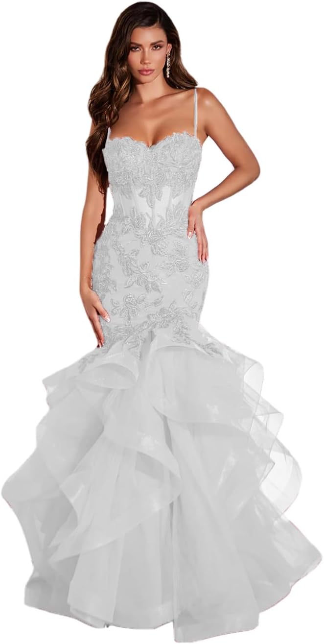 Women's Lace Applique Tulle Prom Dresses Long Mermaid Ruffles Sparkly Formal Evening Party Gown