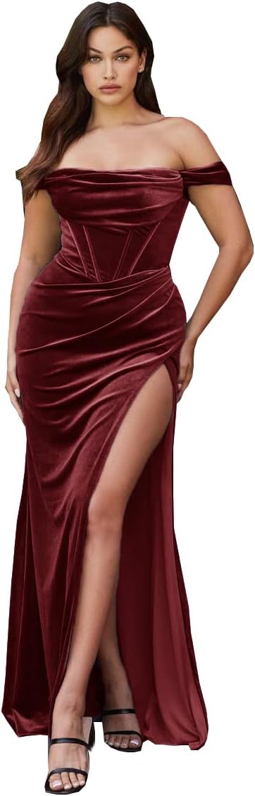 Women's Velvet Slit Mermaid Prom Dress Long Off Shoulder Bridesmaid Dress Strapless Party Gown