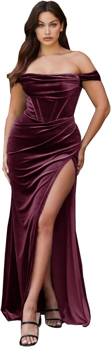 Women's Velvet Slit Mermaid Prom Dress Long Off Shoulder Bridesmaid Dress Strapless Party Gown
