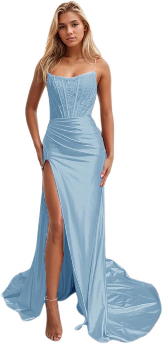 Women's Satin Lace Mermaid Prom Dresses Long with Slit 2025 Strapless Formal Evening Party Gown