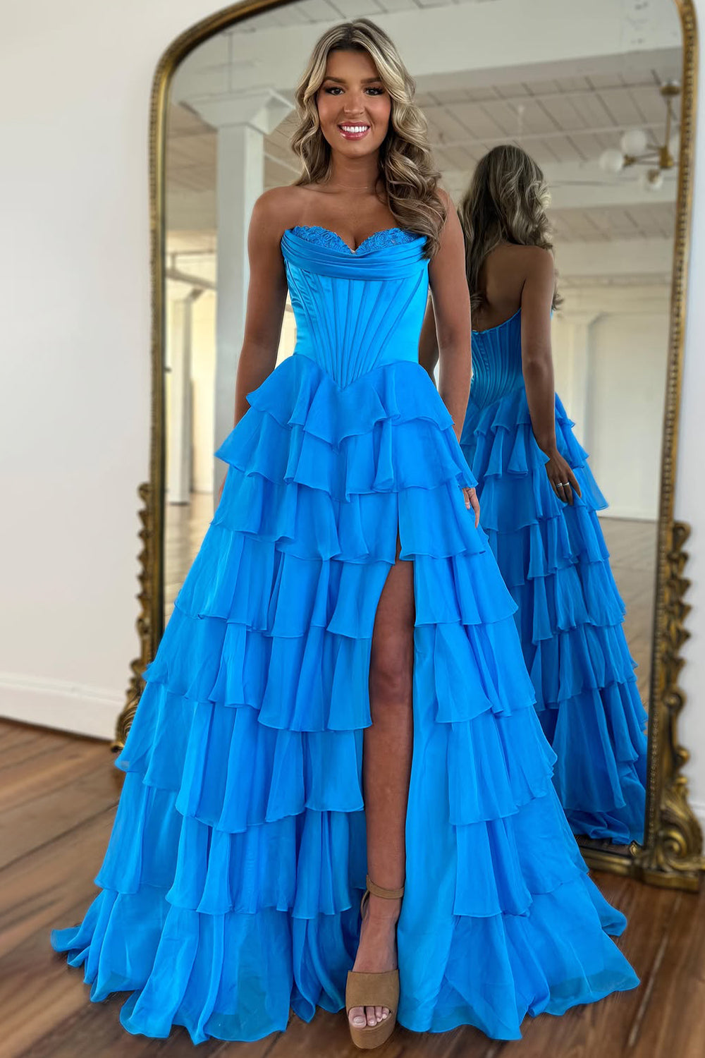 Stunning A-Line Sweetheart Satin Top Long Tiered Chiffon Prom Dress with Slit