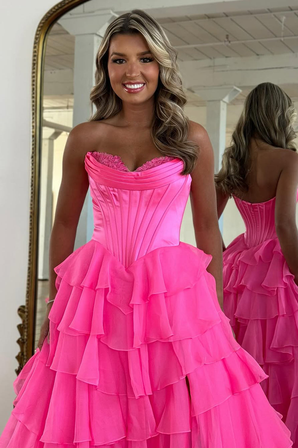 Stunning A-Line Sweetheart Satin Top Long Tiered Chiffon Prom Dress with Slit - View 2 | VelvetHem