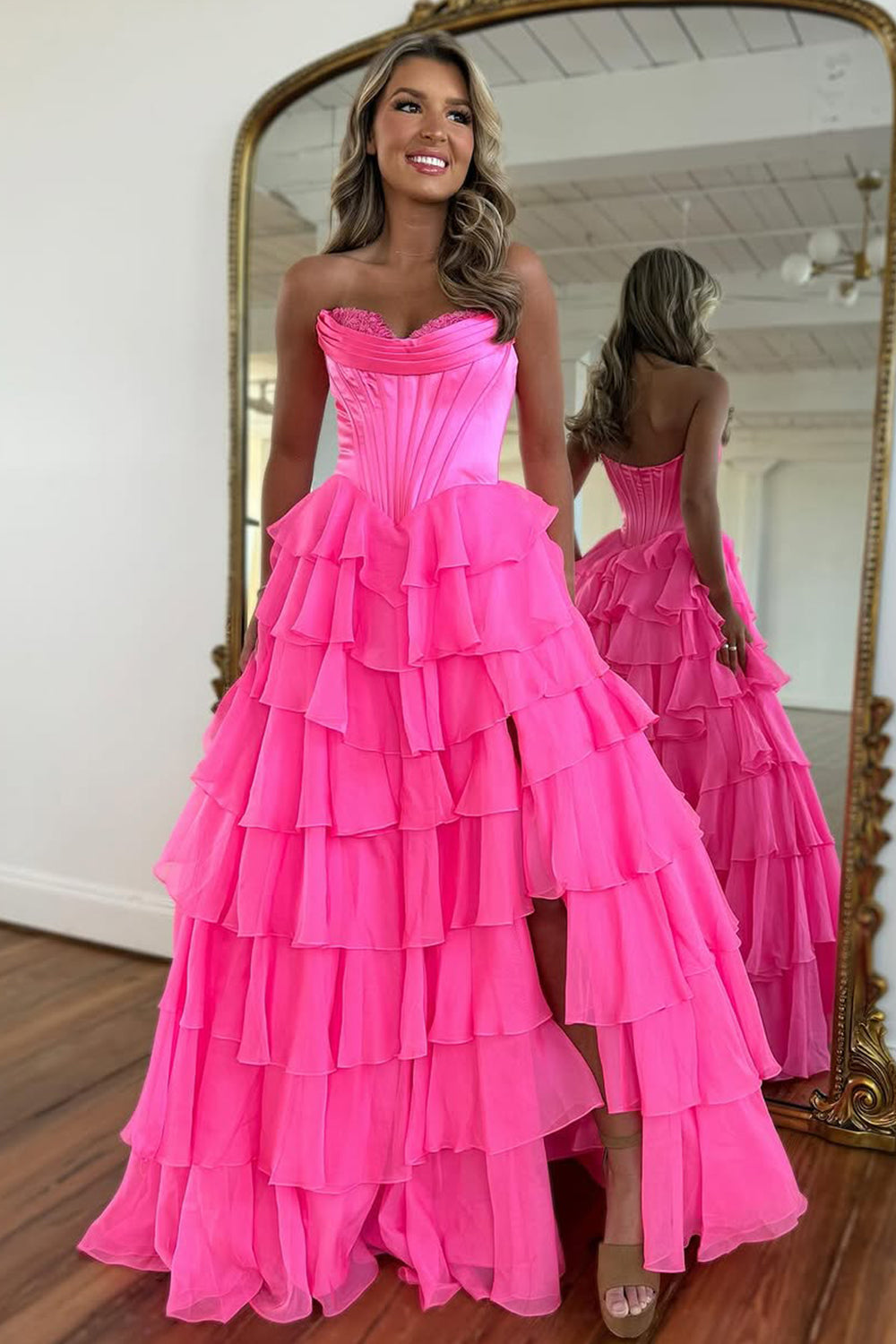 Stunning A-Line Sweetheart Satin Top Long Tiered Chiffon Prom Dress with Slit - VelvetHem