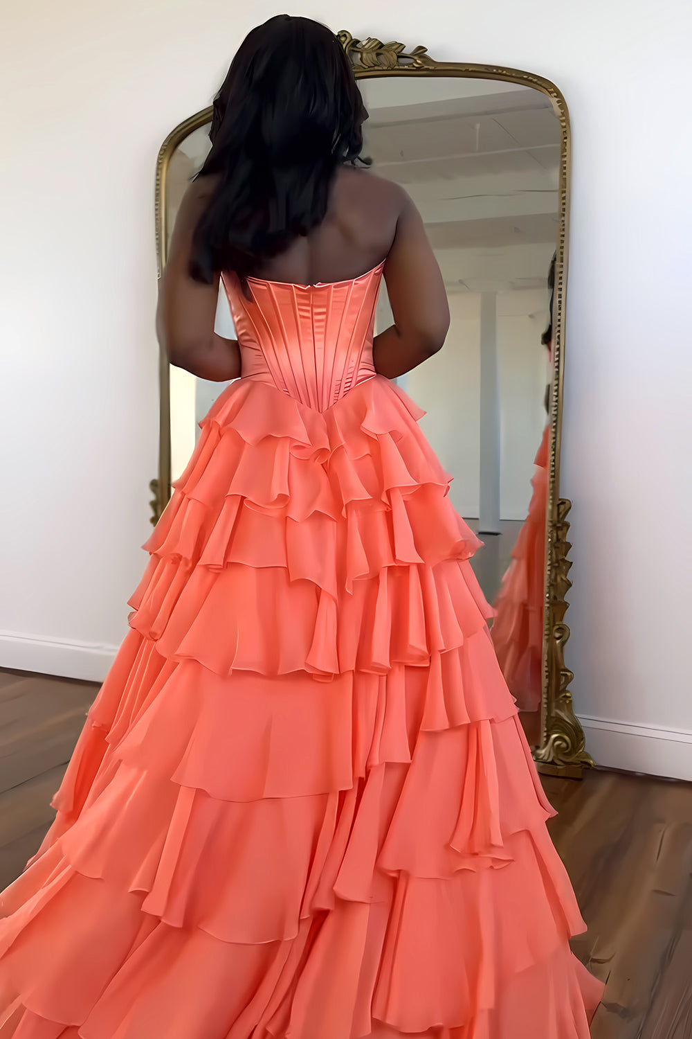 Stunning A-Line Sweetheart Satin Top Long Tiered Chiffon Prom Dress with Slit - View 7 | VelvetHem