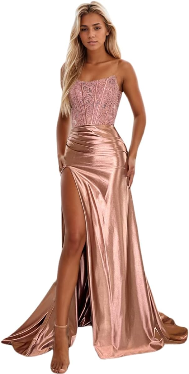 Women's Satin Lace Mermaid Prom Dresses Long with Slit 2025 Strapless Formal Evening Party Gown