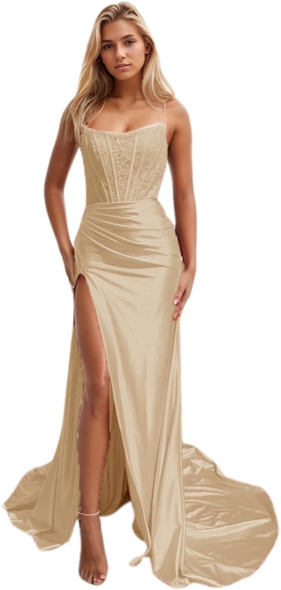 Women's Satin Lace Mermaid Prom Dresses Long with Slit 2025 Strapless Formal Evening Party Gown