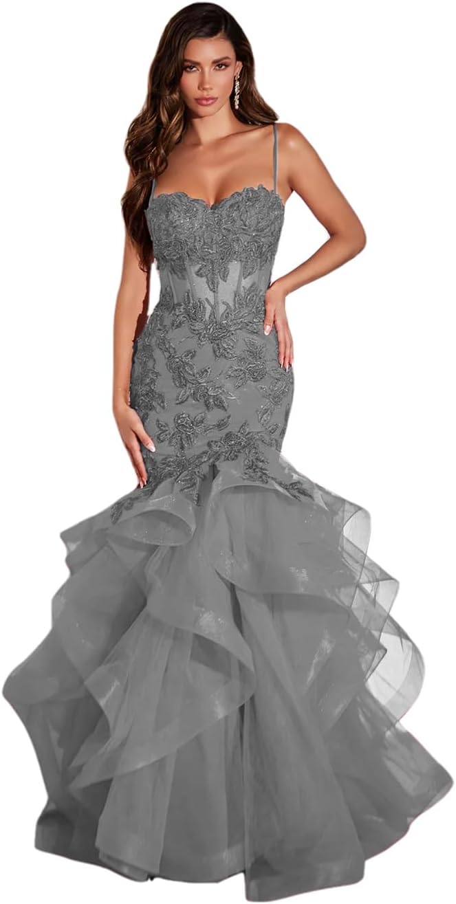 Women's Lace Applique Tulle Prom Dresses Long Mermaid Ruffles Sparkly Formal Evening Party Gown