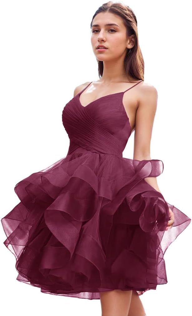 Women's Puffy Ruffle Short Homecoming Dress Tull Tutu Prom Dress V Neck Formal Party Gown