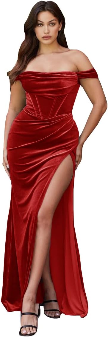 Women's Velvet Slit Mermaid Prom Dress Long Off Shoulder Bridesmaid Dress Strapless Party Gown